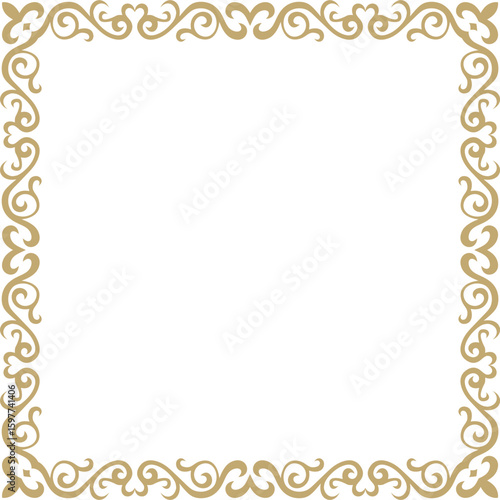 Vector golden square Kazakh national ornament. Ethnic pattern of the peoples of the Great Steppe,
