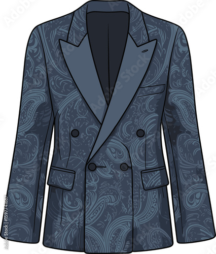 Elegant Men's Double-Breasted Paisley Print Blazer Jacket with Shawl Lapel - Fashion Apparel CAD Drawing Flat Vector Illustration for Design Resources, Technical Packs, and Formal Wear