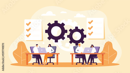 Illustration of two teams working at desks with laptops and gears overhead and checklist nearby