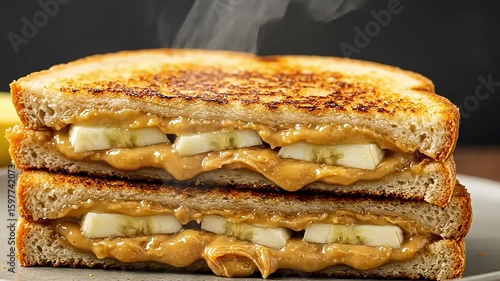 Gourmet Peanut Butter and Banana Sandwich: A mouthwatering close-up captures a warm, grilled sandwich, brimming with creamy peanut butter and fresh banana slices. A culinary delight!