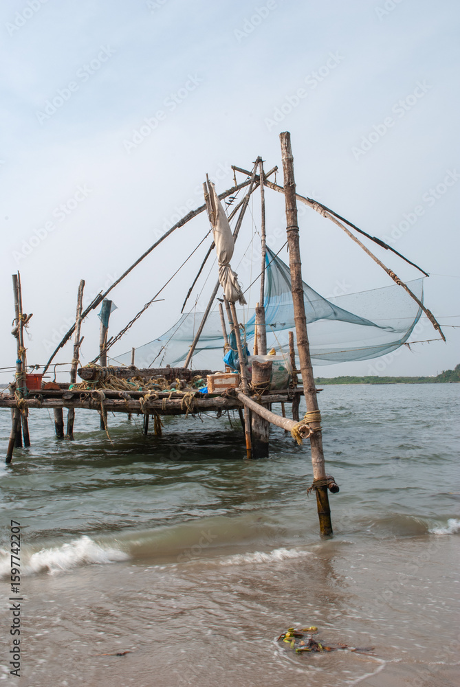 Fototapeta premium Chinese fishing nets on wooden structure