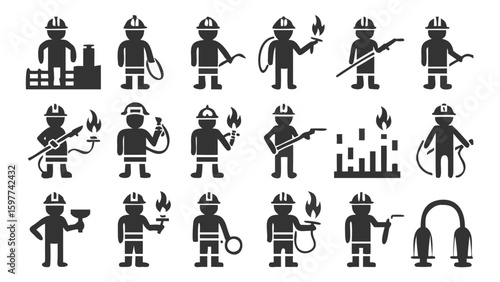 Silhouetted Welders and Industrial Workers Depicted with Torches and Tools in Black and White Vector Graphics