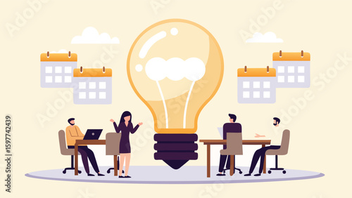 Team brainstorm session with lightbulb idea and calendar reminders in the background setting scene