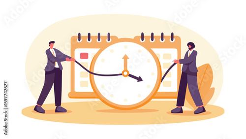 Businessmen pulling a rope around a clock in front of a calendar for deadline concept illustration