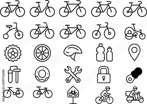 Bicycle vector icon set featuring bikes, helmets, wheels, pedals, gears, cyclists, and accessories. Ideal for fitness, transport, outdoor sports, and eco-friendly design themes.


