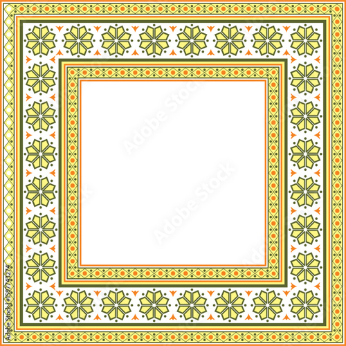 Vector square colored ancient Russian ornament. Slavic rectangle, border, frame. Painting of the royal chambers.
