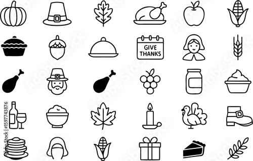 Thanks and gifting vector icon set featuring gift boxes, ribbons, thank you notes, hands, hearts, and celebration elements. Perfect for holidays, events, and appreciation themes.

