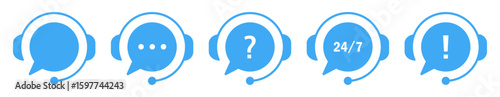 Customer support headsets with chat bubbles, 24/7 service, help, and alert signs. Modern flat style icons for call center, tech support, and online assistance designs. Icons, vector.