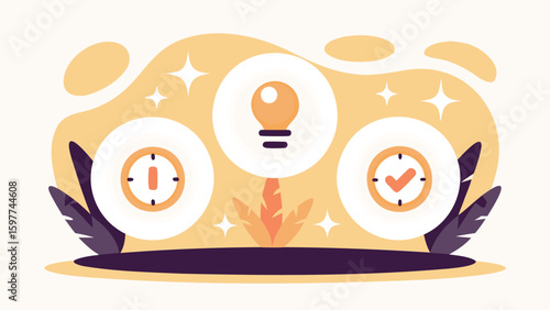 Illustration showing idea generation process with lightbulb and workflow management icons displayed nicely