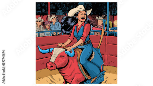 "Cowgirl on Mechanical Bull – Stylized Rodeo Vector"

