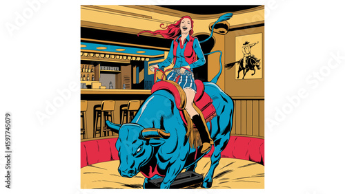 "Cowgirl on Mechanical Bull – Stylized Rodeo Vector"

