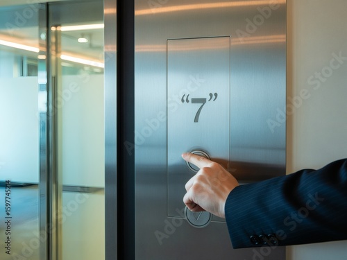 A hand presses the seventh floor button in an elevator