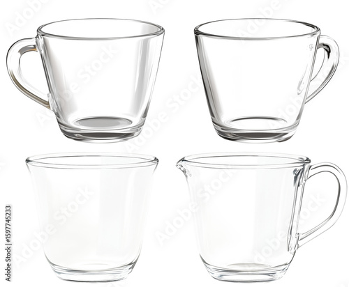 Clear glass measuring cups in various shapes and sizes, showcasing their elegant design and functionality for precise measurements in cooking and baking.Isolated on transparent background