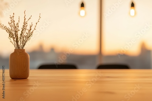 Serene Interior with Vase and Sunset View