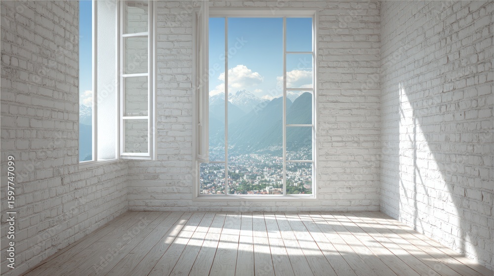 Fototapeta premium Empty room with a view of mountains and city