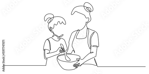 Minimalist continuous line art of mother and child cooking together. Simple modern design with one line drawing style. Perfect for banners, family, food and culinary themed illustrations.