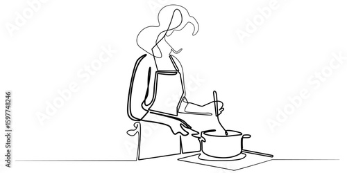 A single-line illustration of a woman cooking in an apron, looking elegant and minimalist. Perfect for kitchen design, recipes, culinary blogs, and decoration.