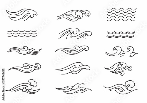 Collection of twelve stylized water wave illustrations with varying shapes and line details shown