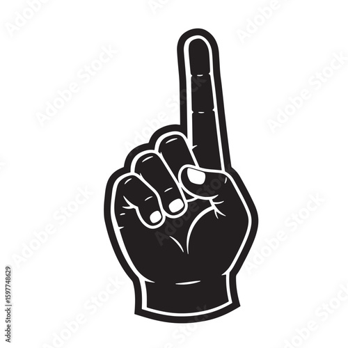 Isolated illustration of a foam finger pointing upwards in black and white on a white background