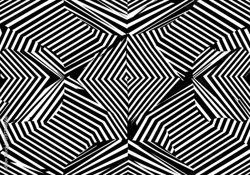 Abstract geometric pattern with black and white stripes forming diamond shapes and angular lines