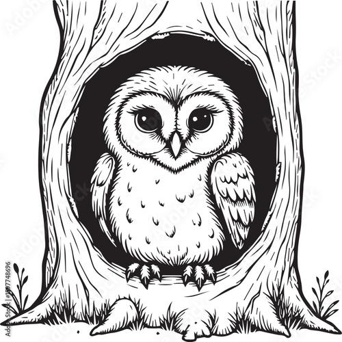 Whimsical Owl in Tree Hollow: A charming and delightful owl with large, expressive eyes perches inside a hollow tree, creating a heartwarming illustration of forest life.