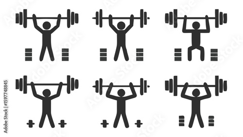 Weightlifting Pictograms Depicting Olympic Lifts and Squats Showing Athletes Strength Training with Barbells and Weights for Sport and Fitness