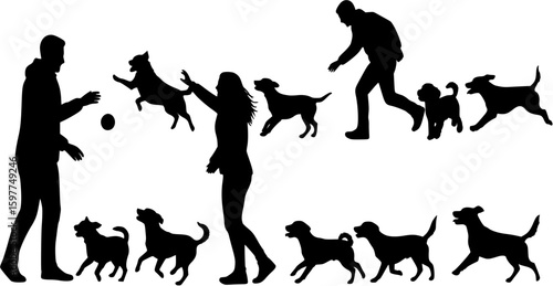 Couple playing with group of dogs side view isolated black silhouettes.
