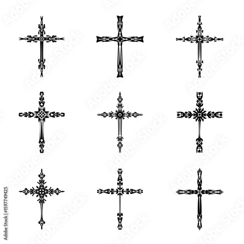 Christian cross vector icon symbols.  Abstract christian religious belief or faith art illustration for orthodox or catholic design. The symbol of the cross in various designs used in tattoo.