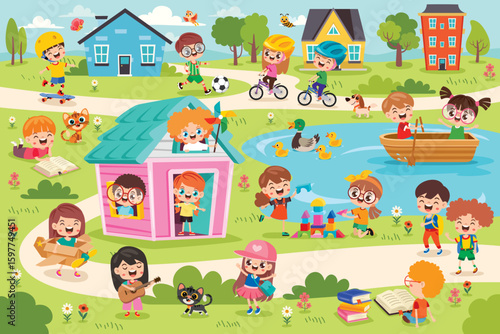 Funny Cartoon Kids Playing Outdoor
