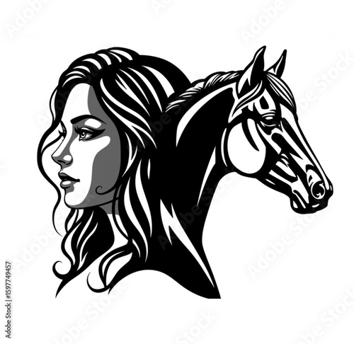 Illustration of a woman's face and a horse's head in black and white graphic style design element