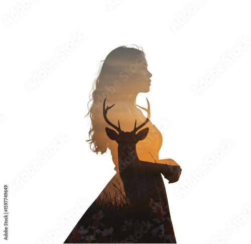 Silhouette of a woman with a deer overlay against a sunset creating a double exposure effect image