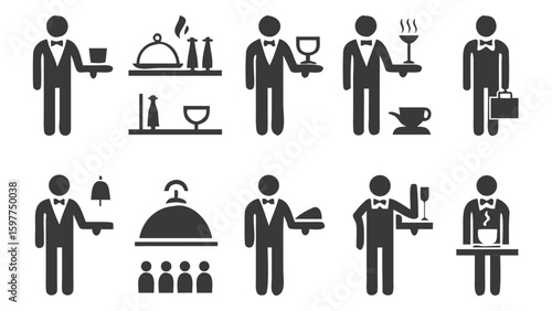 Elegant Waiters and Catering Icons Serving Beverages and Food Displaying Professional Service and Hospitality for Restaurant, Event or Food Service Industries