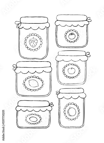 Set of fruit jam jars outlines hand drawn sketch pencil texture