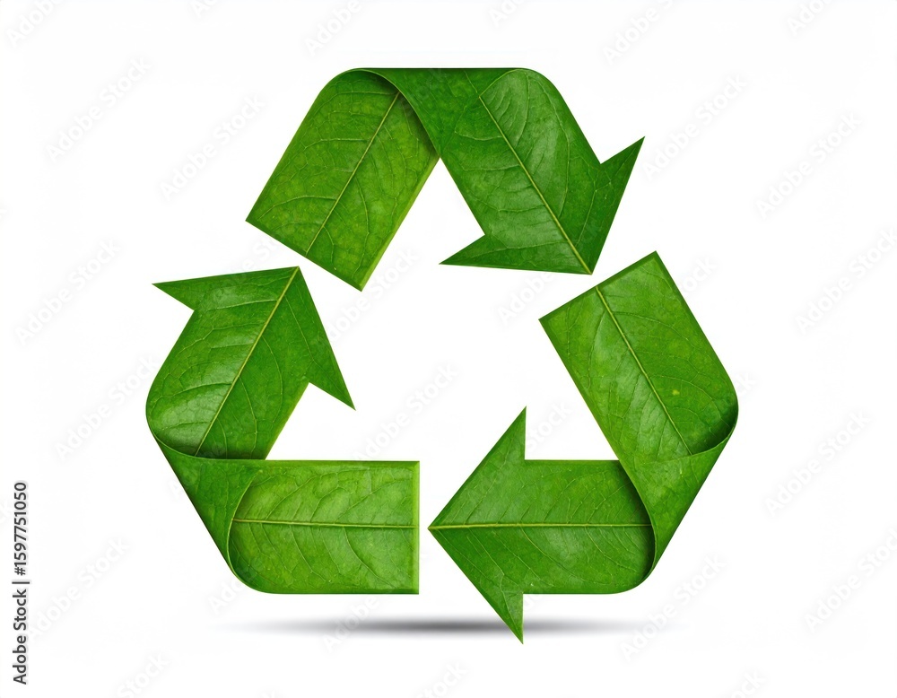 Fototapeta premium Green Leaf Recycle Symbol on White Background Representing Eco-Friendly Sustainability