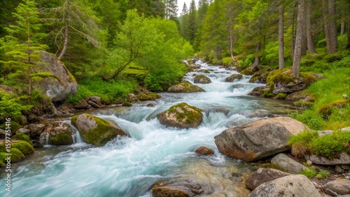 Flowing river in a lush forest during spring with vibrant greenery and smooth rocks along the banks