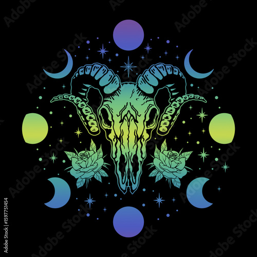 Multicolored illustration of goat skull and moon phases. Isolated on black background.
