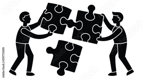 Minimalist Vector Graphic of People Collaborating to Assemble a Puzzle Teamwork Concept