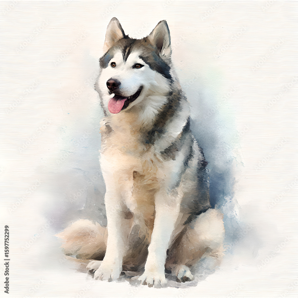 Naklejka premium Watercolor Siberian Husky – Minimalist Dog Portrait on White Background