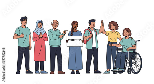 A diverse group of multi-ethnic volunteers, including an elderly person and someone in a wheelchair, stand together, embodying community support and inclusion.