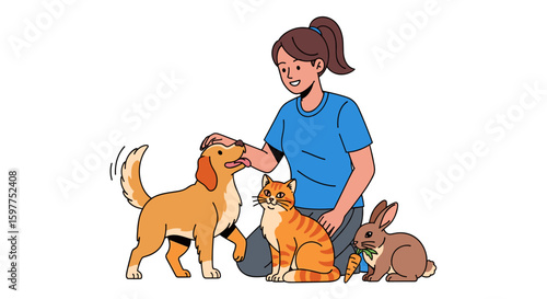 A happy young woman is sitting on the floor surrounded by her beloved pets: a dog, a cat, and a rabbit, showing the joy of pet ownership and animal companionship.