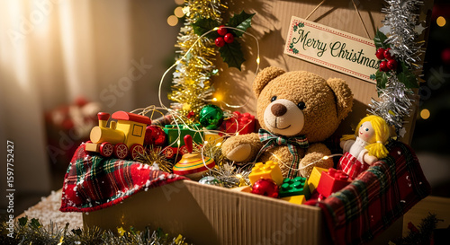 Festive Christmas Gift Box with Plush Teddy Bear Toys and Decorations in Warm Cozy Setting