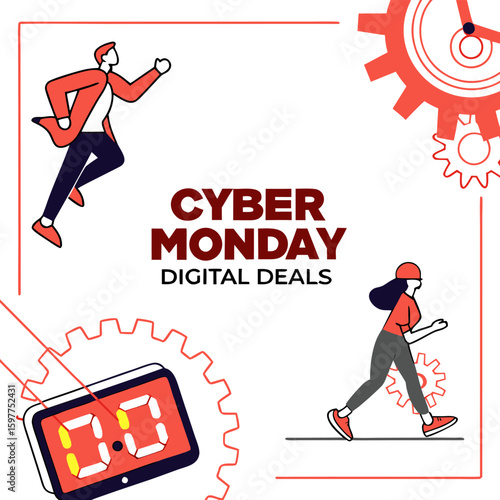 Cyber monday digital deals promotion featuring running figures and digital clock with gears around it