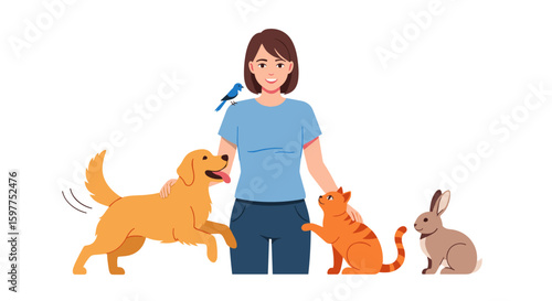 A woman enjoys the company of her pets, including a golden retriever, orange cat, and a rabbit, with a blue bird perched on her shoulder, all against a clean white background.