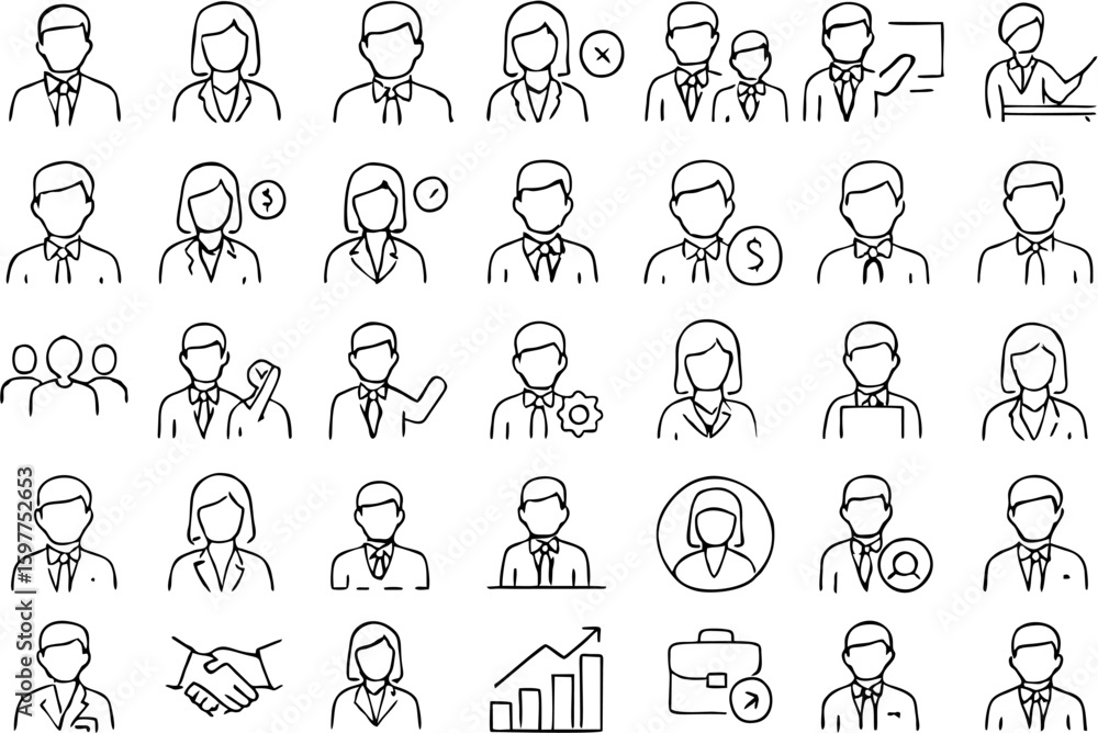 Fototapeta premium Profession people vector icon set featuring various careers like doctor, teacher, engineer, chef, pilot, nurse, and more. Great for resume, infographic, and web design use.