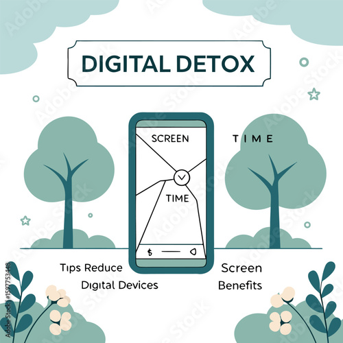 Illustration of digital detox concept with smartphone screen time and trees in a nature themed background