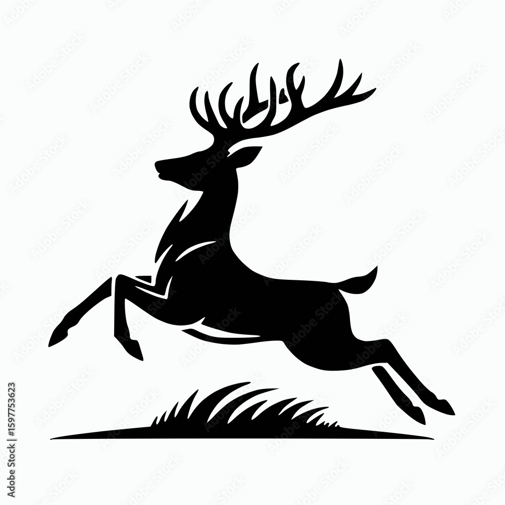 Fototapeta premium Solid black silhouette vector of a jumping deer with antlers, white background