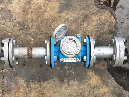 Close-up of a commercial water meter connected to stainless steel pipelines, showing flow measurement for industrial utility management and water supply systems.