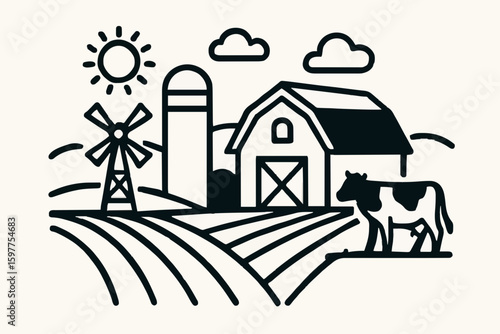 Black and White Farm Scene Vector – Minimalist Rural Landscape with Barn, Trees, and Livestock