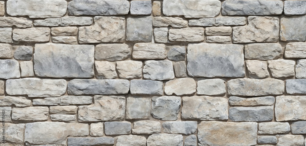 Fototapeta premium Seamless pattern of textured stone wall in various gray, beige shades. Natural rough rock blocks arranged in staggered rows create classic, durable building material background. Perfect for