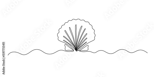 Seashell one line vector illustration. Hand drawn doodle continuous sketch isolated on white background